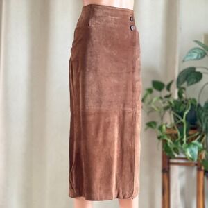 Casual Corner Vintage Brown Suede Leather Midi Skirt Side Button High Waist Sz 6